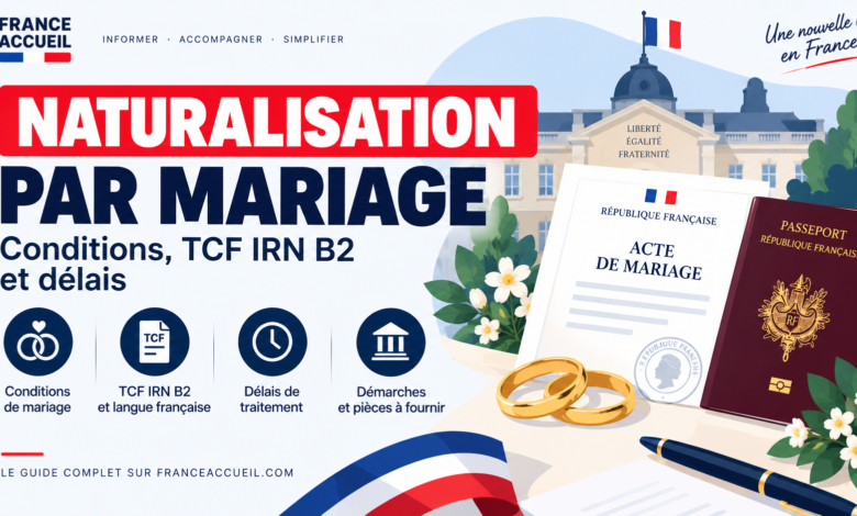 Naturalisation par mariage 2026 : conditions, TCF IRN B2 et délais