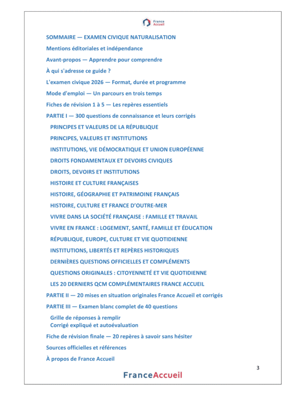 300 questions réponses pour réussir l'examen civique 2026 - Naturalisation - Sommaire Examen civique QCM