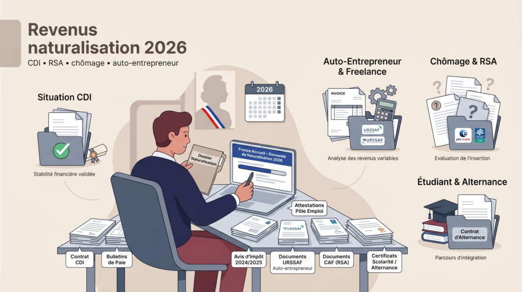 Revenus naturalisation 2026 : CDI, chômage, RSA, auto-entrepreneur, étudiant
