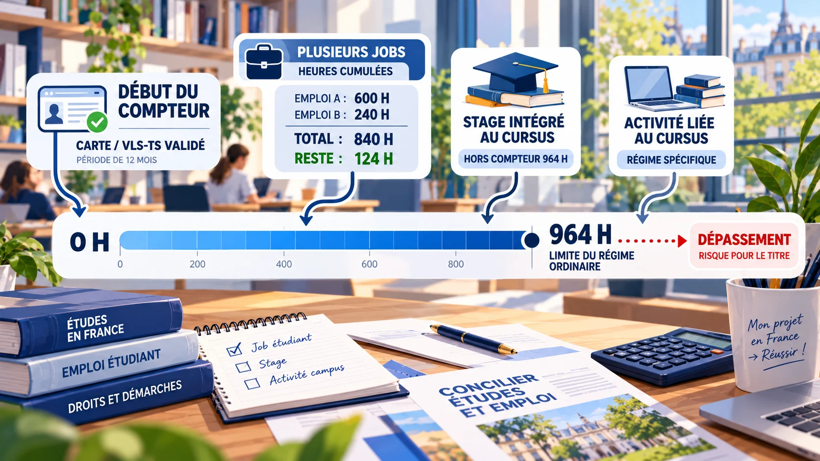 Étudiant étranger : compteur 0 à 964 heures, plusieurs emplois, stage et activité liée au cursus