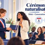 Illustration d'une cérémonie de naturalisation française avec accueil républicain, convocation et délai de six mois