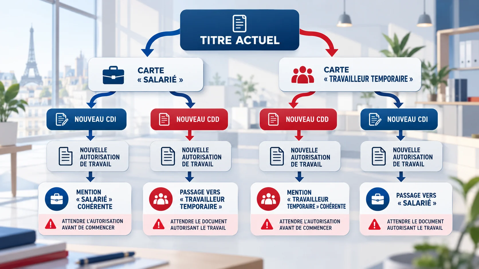 Changer d’employeur : arbre de décision selon carte salarié, travailleur temporaire, CDI ou CDD
