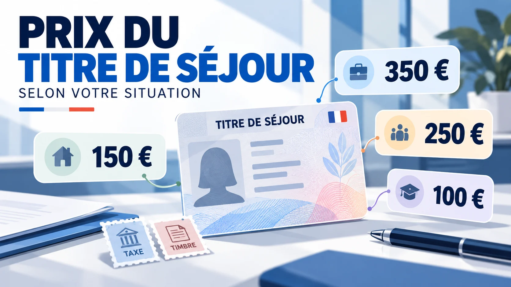 Prix du titre de séjour : 350 €, 250 €, 150 € ou 100 € selon la situation