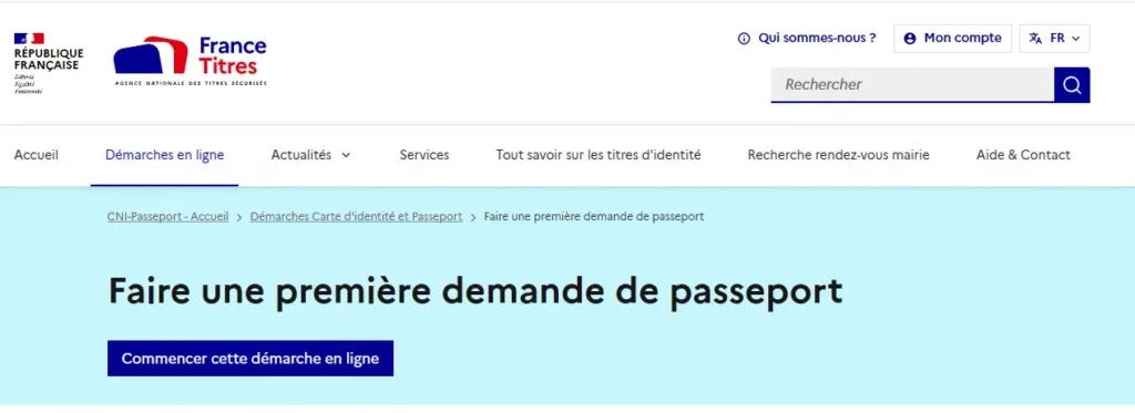 Page France Titres pour commencer une première demande de passeport en ligne