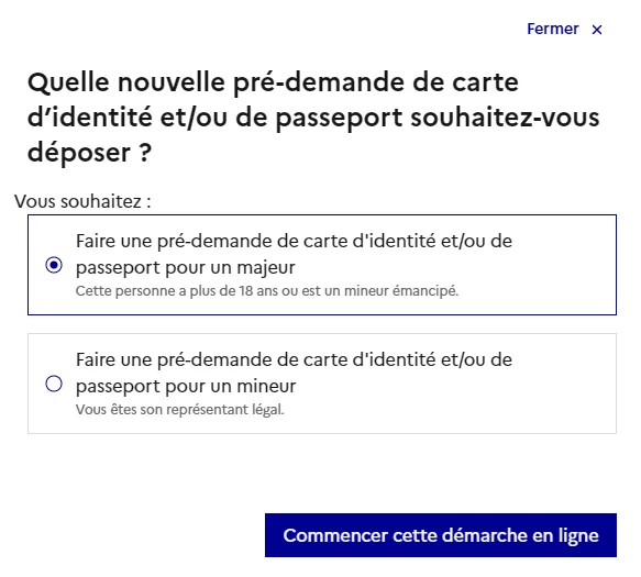 Formulaire France Titres demandant si la pré-demande concerne un majeur ou un mineur