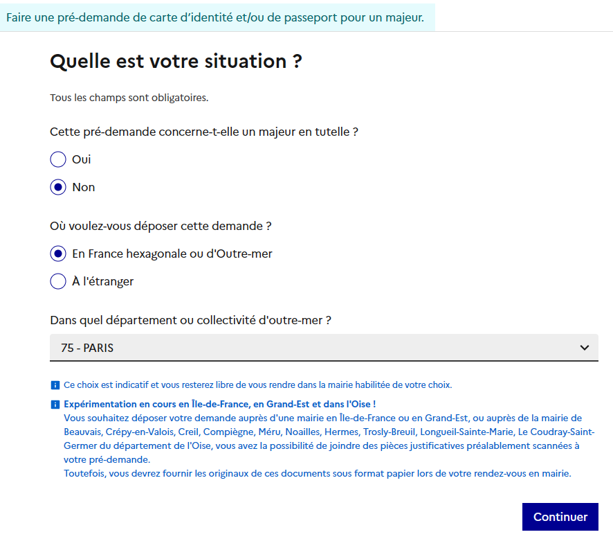 Formulaire France Titres sur la situation du demandeur et le lieu de dépôt de la demande